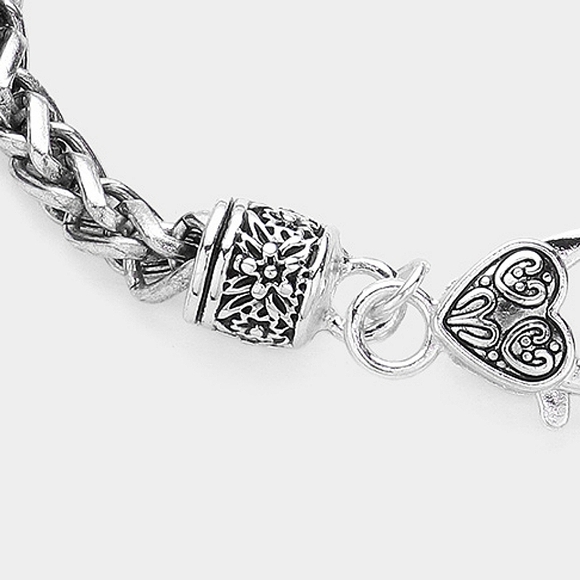 Silver Antique Heart Pendant Style Dangling Charm Bracelet Braided Metal Key - Picture 3 of 3